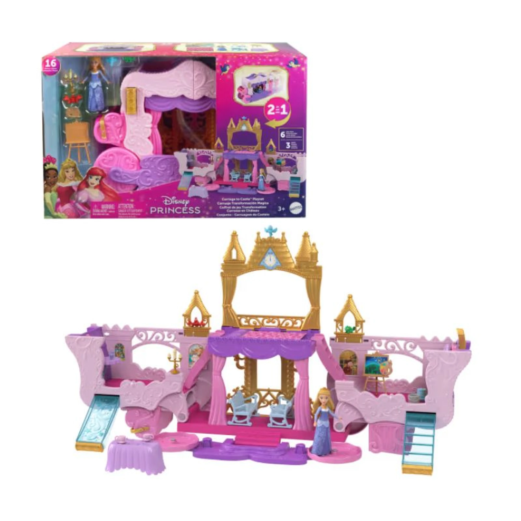 Disney Princess Carriage To Castle Transforming Playset With Aurora Small Doll
