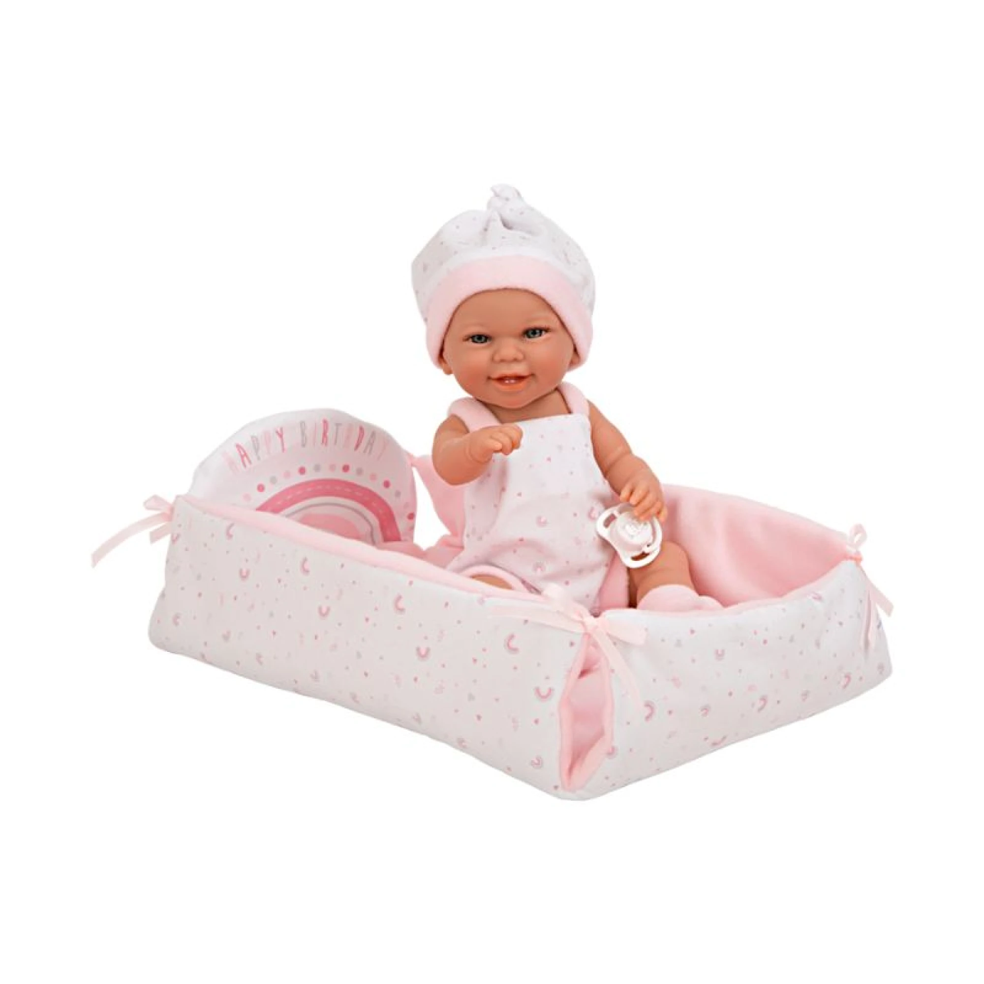 Arias Dolls Happy Birthday’ pink Babyto Elegance doll with cot 33cm
