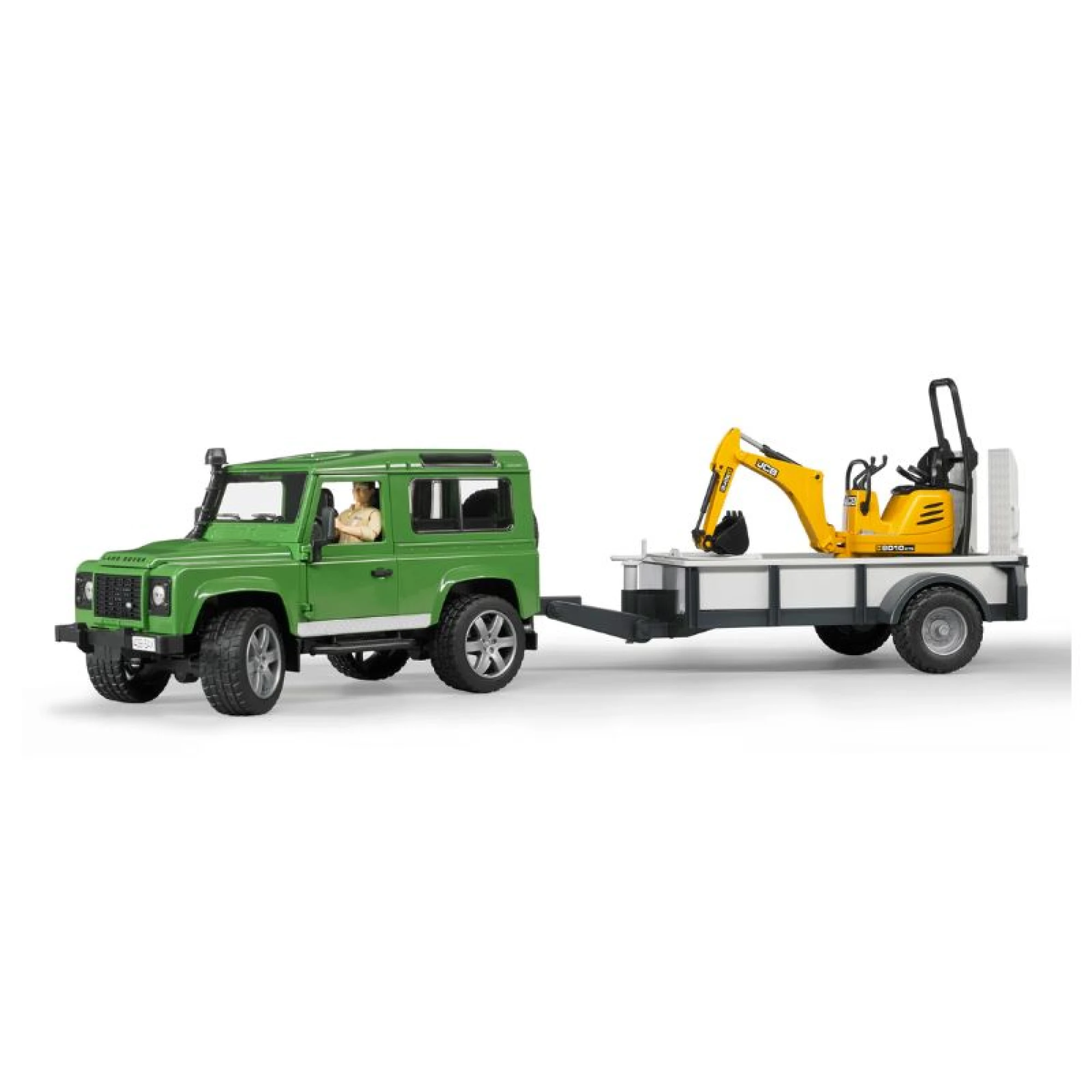 Bruder Land Rover w/ Trailer, Worker and JCB Excavator