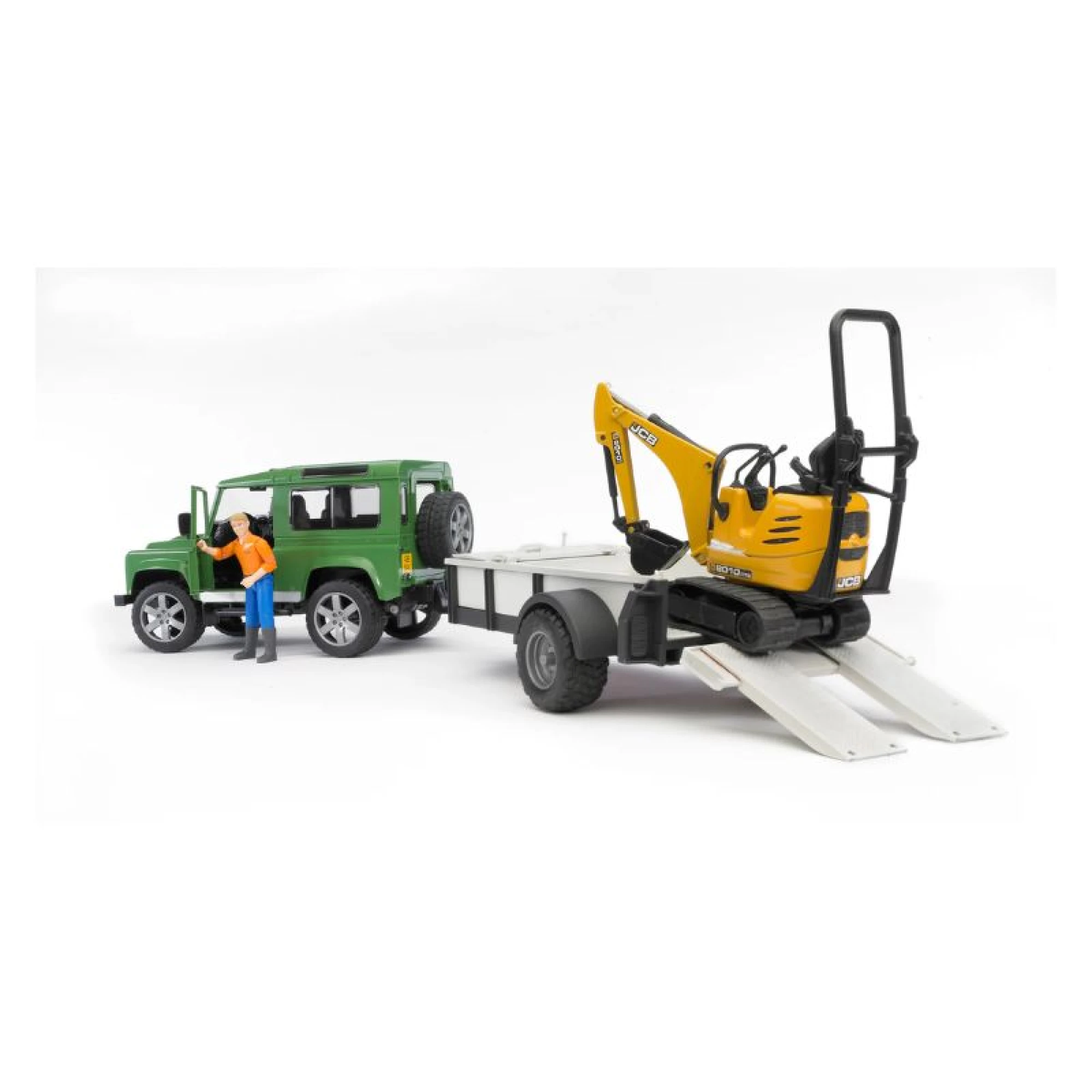 Bruder Land Rover w/ Trailer, Worker and JCB Excavator