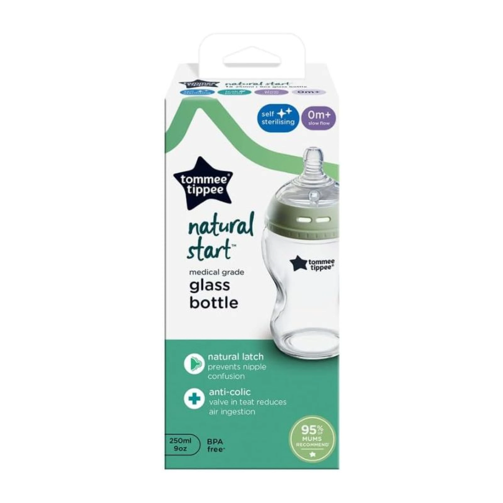 Tommee Tippee Natural Start Anti-Colic Glass Bottle, 250ml