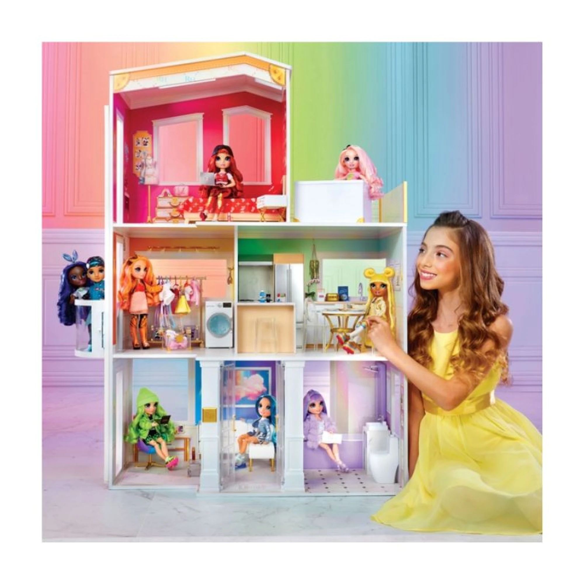 Rainbow High 3-Storey Wooden Doll House with 50 Accessories