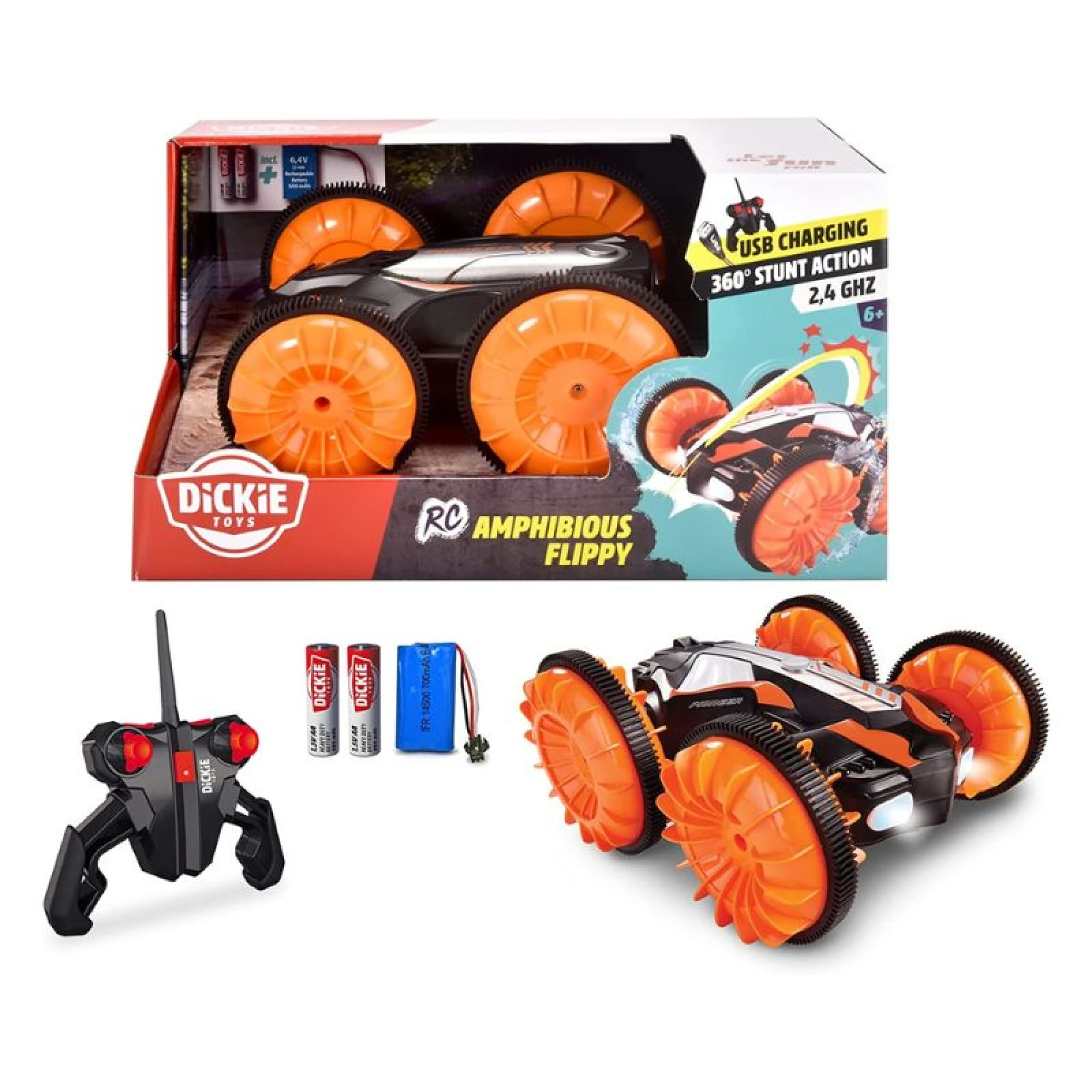 Dickie Toys  RC Land Water Stunt Car Flip  2 Channel FS 2.4GHz Light USB Charging Function, Orange