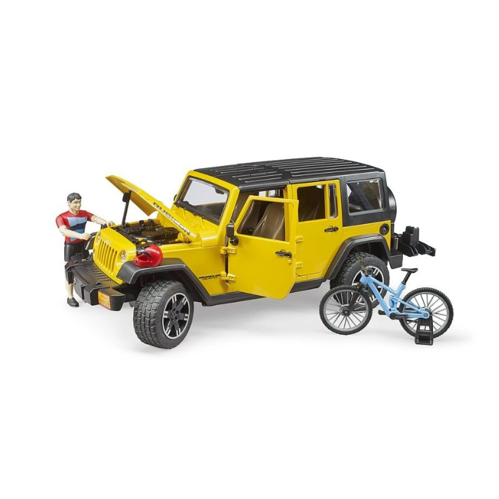 Bruder Jeep Wrangler Rubicon Unlimited with mountain bike and cyclist