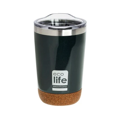 Ecolife Dark green (cork bottom) coffee thermos 370ml | Transparent lid