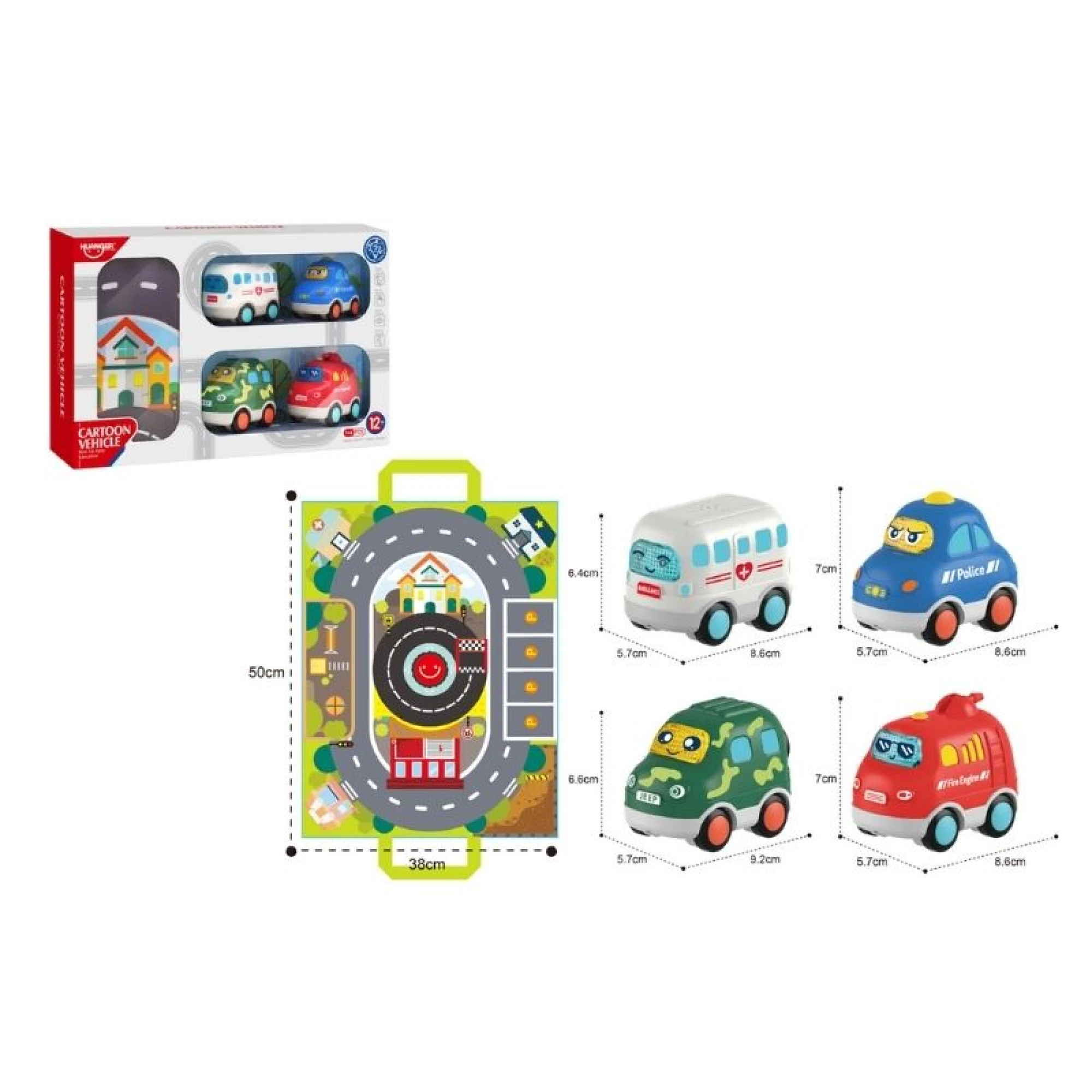 Infinity Toys - Free whee cartoon car with light and music (4Pcs)+ Carry bag