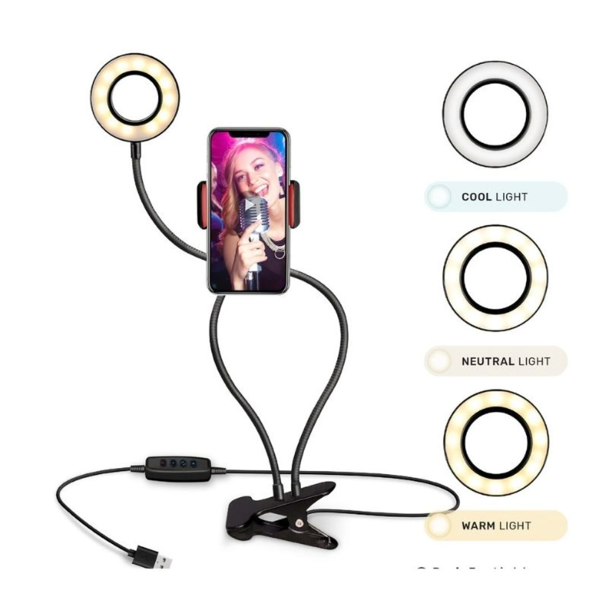 Selfie Ring LED Light 9 cm - Flexible Clamp, Phone Holder with USB Plug