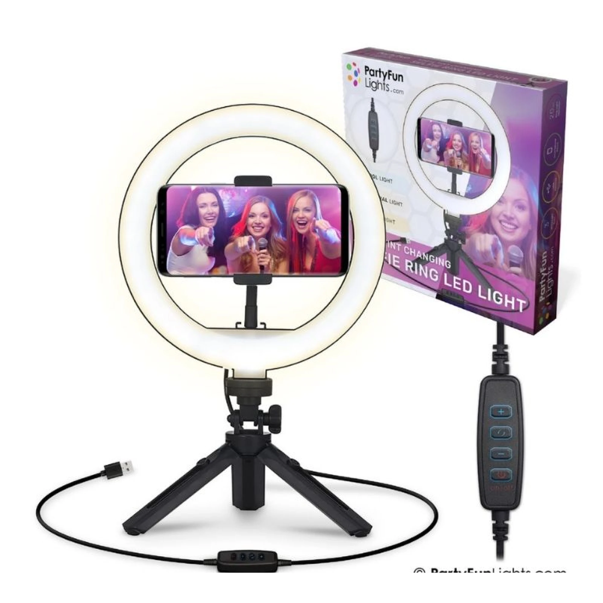 Selfie Ring LED Light 20 cm - Tripod, Phone Holder with USB Plug