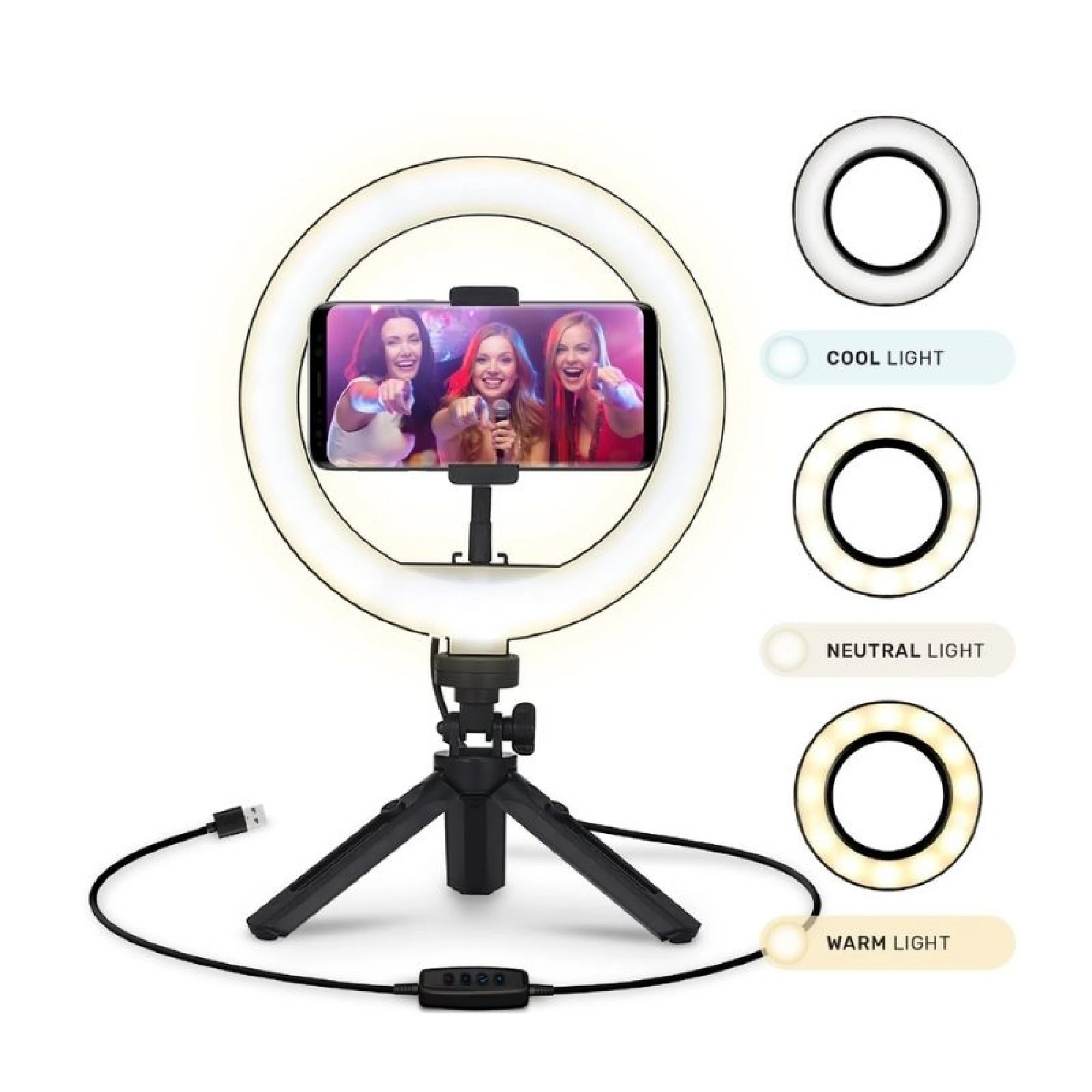 Selfie Ring LED Light 20 cm - Tripod, Phone Holder with USB Plug
